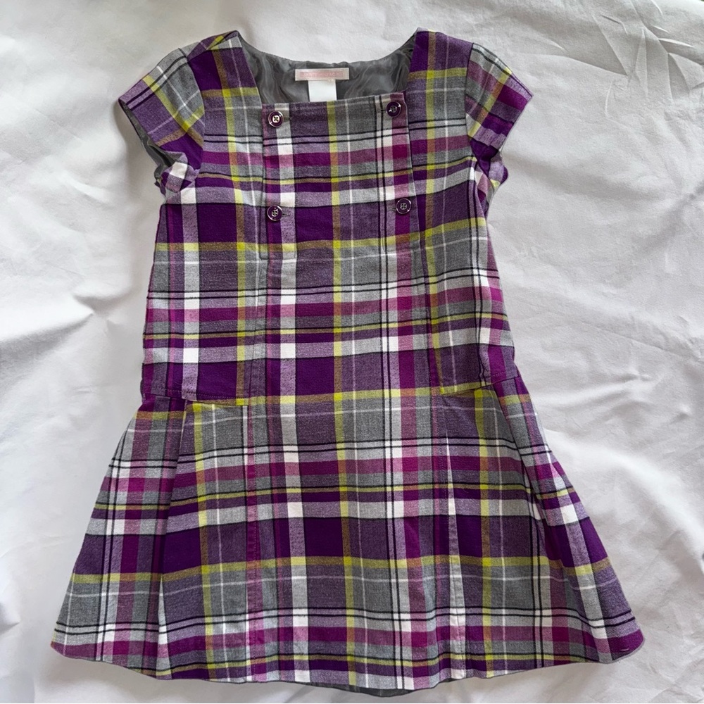 Janie and Jack Plaid Dress and tights in Purple, Gray, and Yellow